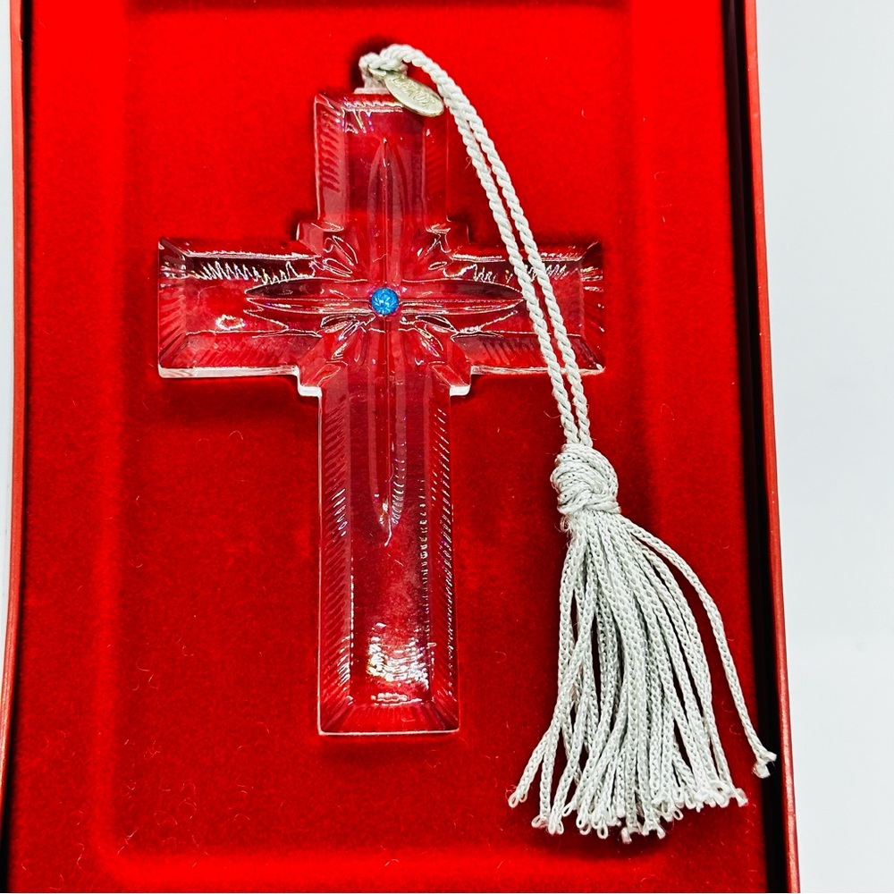 Vtg LENOX Lead Crystal Cross Ornament with Blue Crystal Silver Tassel in Box USA